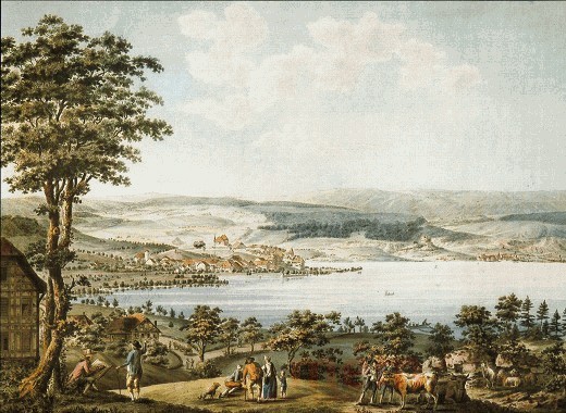 Cerlier et La Neuveville, vues depuis Fenil (Vinelz), en 1792