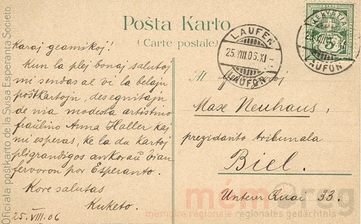 Postkarte von Anna Haller für den Schweizerischen Esperanto-Bund, 1906