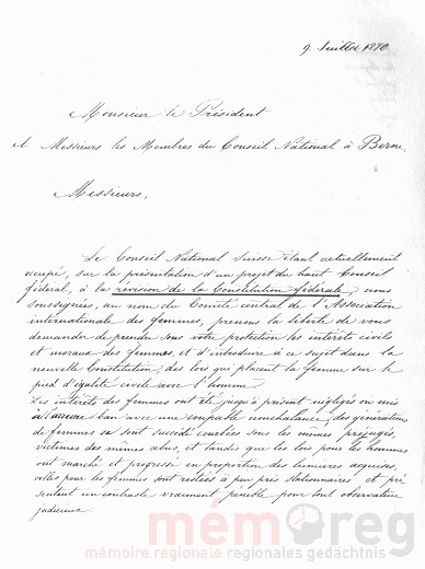 Brief von Marie Goegg an den Nationalrat, vom 9. Juli 1870