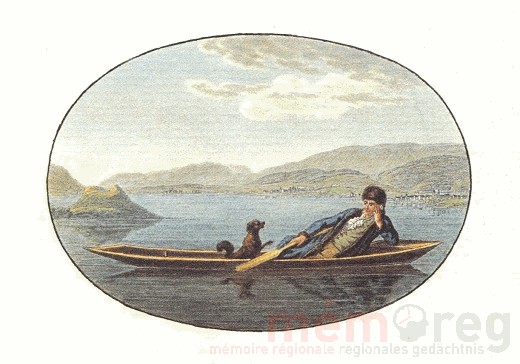 Jean-Jacques Rousseau avec son chien Sulan sur le Lac de Bienne