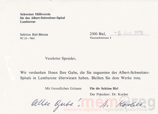 Un remerciement du Dr. Emil Kocher adressé à un donateur