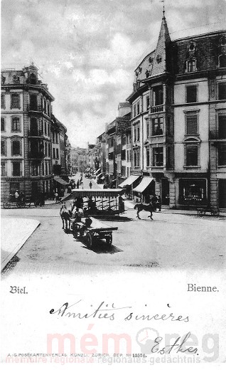 Das Rösslitram an der Mühlebrücke in Biel, um 1895