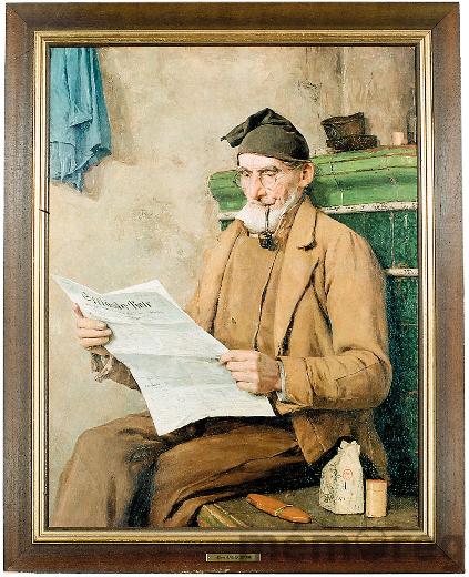 «Le vieux Feissli, lisant le journal», tableau d'Albert Anker, Ins/Anet
