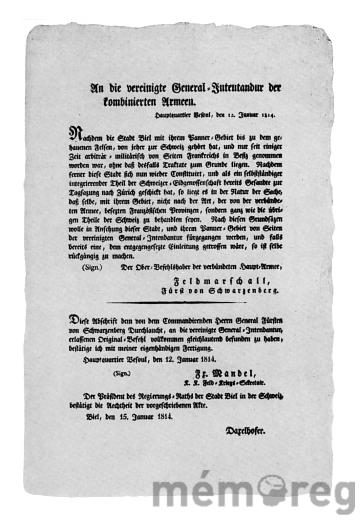 Feldmarschall von Schwarzenberg über die Behandlung der Stadt Biel nach dem Ende der französischen Besetzung, 1814