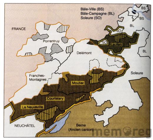 Karte zum Abstimmungsresultat zur Schaffung eines Kantons Jura, 1974