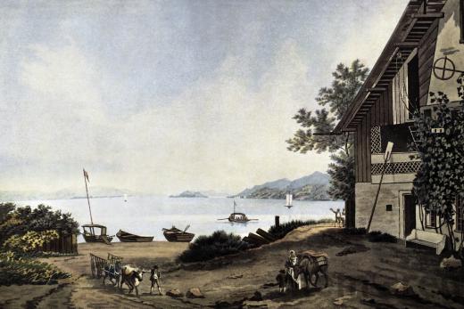 Rechbergerhaus und Ansicht des Bielersees um 1800