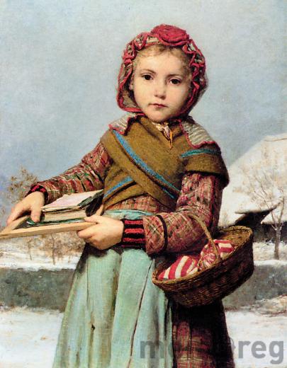 «Schulmädchen mit Nähkörbchen in Winterlandschaft», Albert Anker, 1878