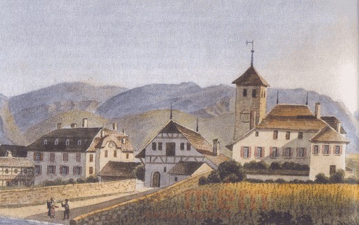Das Buchseehaus und die Küfferlaube in Twann, 1827
